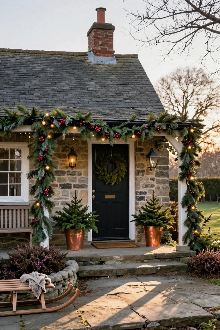 Stone cottage exterior with Christmas decorations including evergreen garlands with red berries and fairy lights draped along the white porch, potted fir trees in copper pots by the black front door, lanterns, a wreath, bench, and wooden sled on stone steps at sunset.
