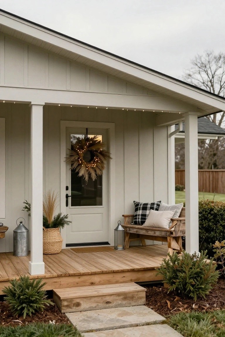 White board-and-batten house exterior with covered front porch, wooden bench with plaid and neutral pillows, large lighted pampas grass wreath on glass door, metal lanterns, potted greenery, and string lights along porch beams.