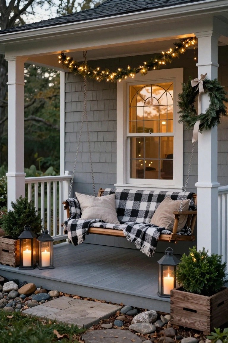 Gray shingled house front porch with wooden swing hung from chains, covered in plaid blanket and pillows, flanked by lanterns, potted plants in crates, wreaths, and string lights along the railing.