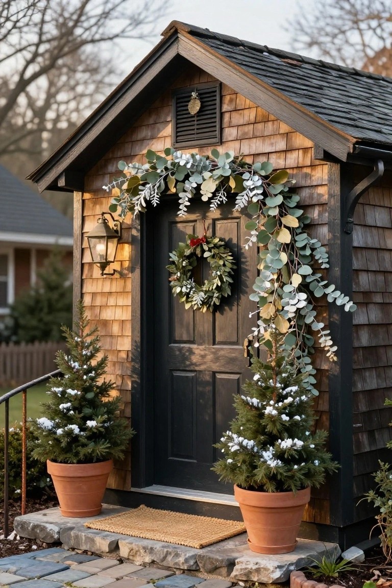 Small dark shingled cottage with black front door decorated for Christmas, featuring green wreath on door, cascading eucalyptus garland on sides, wall lantern, and two potted flocked pine trees flanking stone steps.