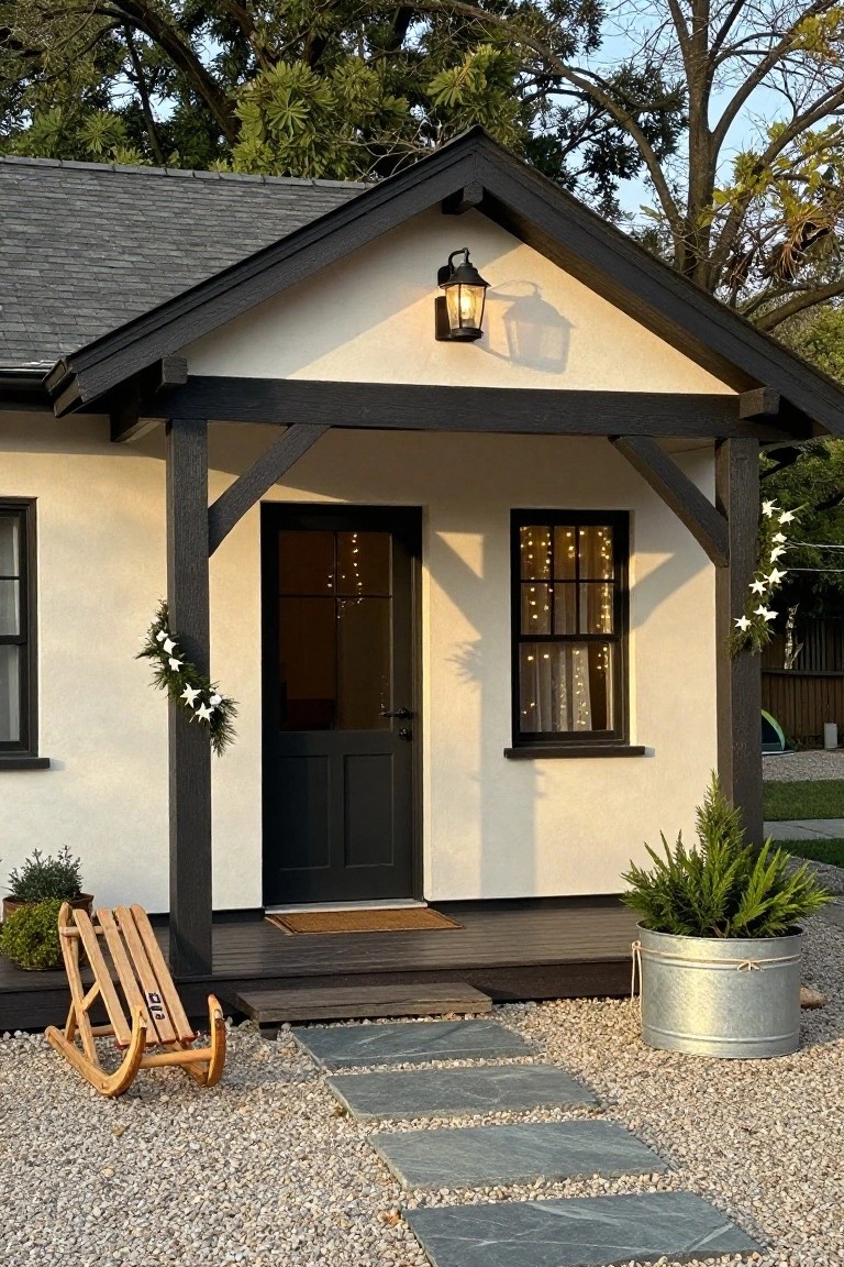 A small beige cottage with black trim and gabled gray roof has a covered porch with dark beams, black door, window with string lights and sheer curtains, evergreen garland with white stars on one post, wooden rocking chair, potted plants, doormat, lantern light, and slate steps leading to gravel ground under trees.