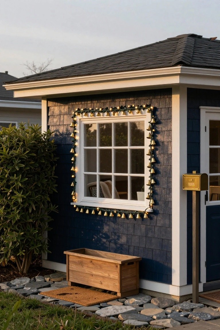 Navy shingled shed with white divided-light window framed by gold lighted bell garland, wooden planter box at base, shrubs, rocks, and doormat nearby.