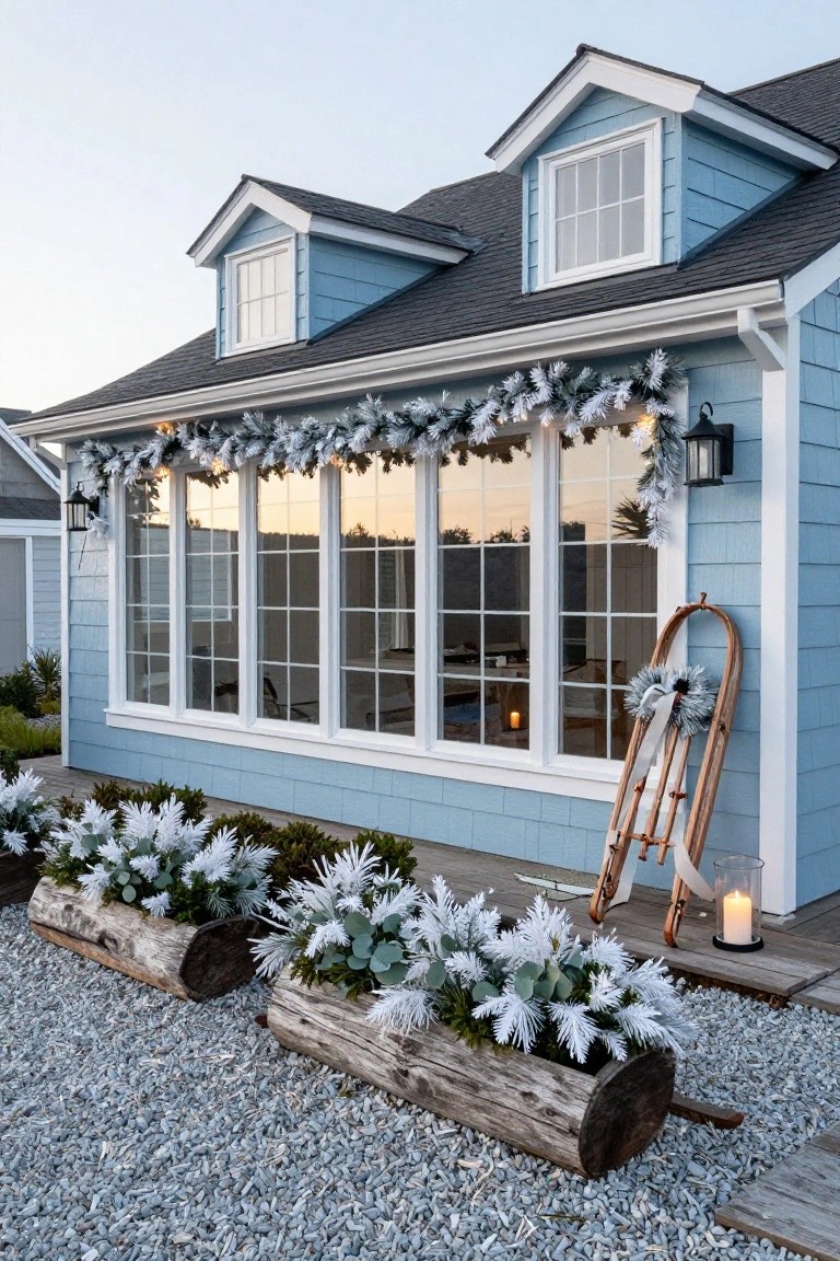 Blue shingle-style cottage exterior with white fluffy garlands draped along the roofline and eaves, large multi-pane windows, wooden sled leaning against the wall, log planters with white plants, lanterns, and gravel ground at dusk.