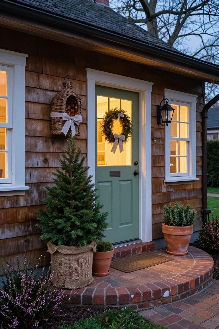 Shingled cottage exterior featuring a sage green front door with evergreen Christmas wreath and white bow, small potted Christmas tree in burlap beside brick steps, potted rosemary plant, wall lantern, and heather shrubs at dusk.