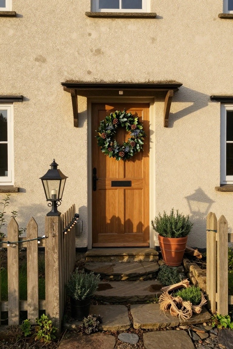 Beige stucco cottage exterior with wooden front door decorated by a large evergreen Christmas wreath featuring pinecones and thistles, a black lantern light to the side, potted rosemary plants, string lights on a wooden picket fence, and stone steps.
