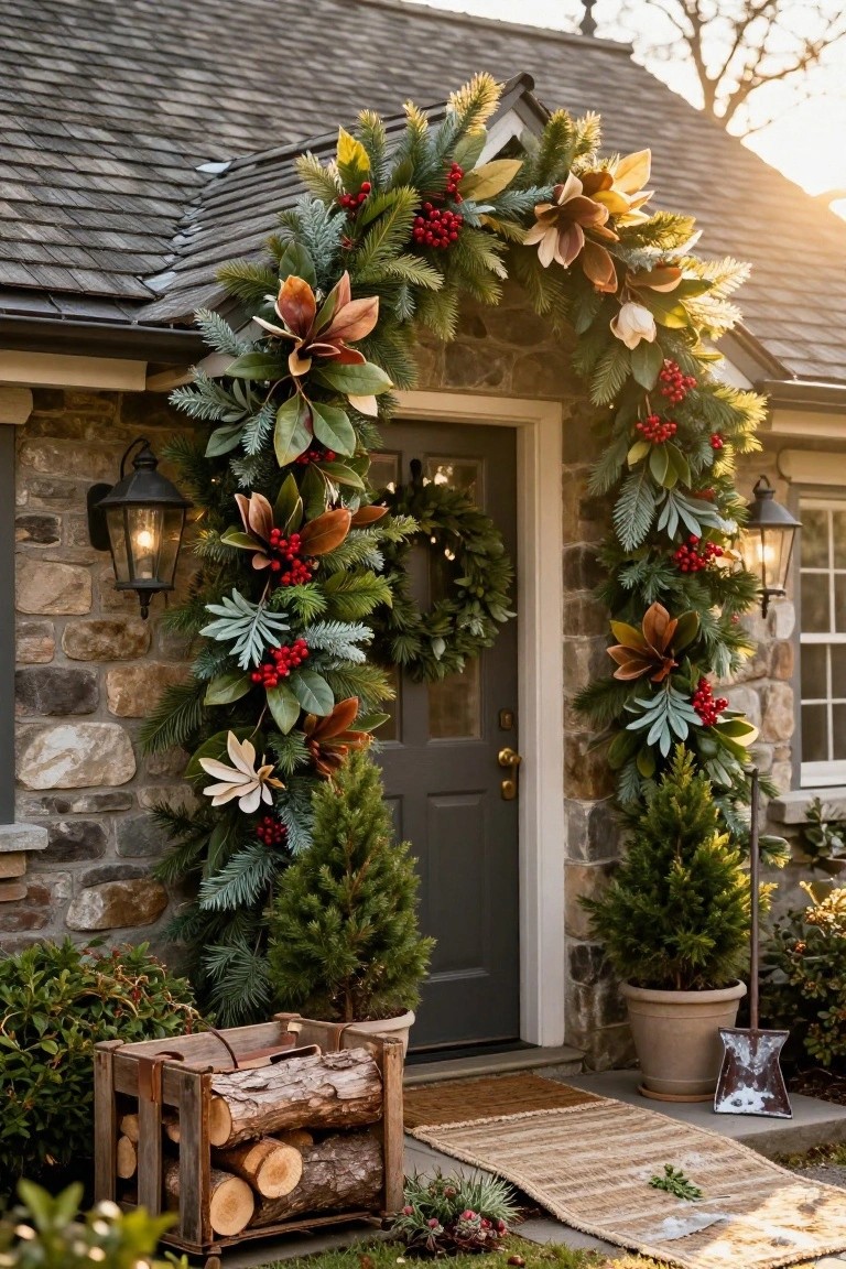 Stone cottage with dark green front door under a large arched garland of pine, magnolia leaves, and red berries, flanked by lanterns, wreaths, potted evergreen trees, firewood crate, and welcome mat.