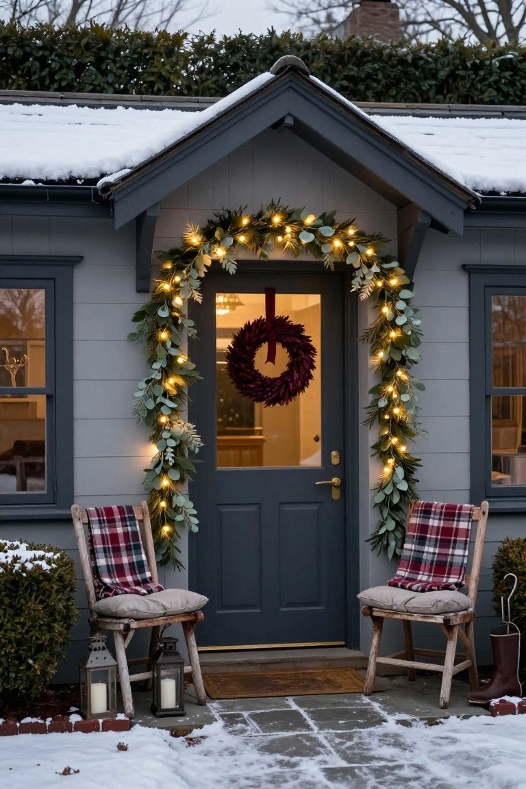 Gray shingled cottage exterior with dark blue double doors framed by eucalyptus garland strung with string lights arching overhead, a red wreath on the door, plaid-blanketed wooden chairs on either side, lanterns, and snow-covered ground.