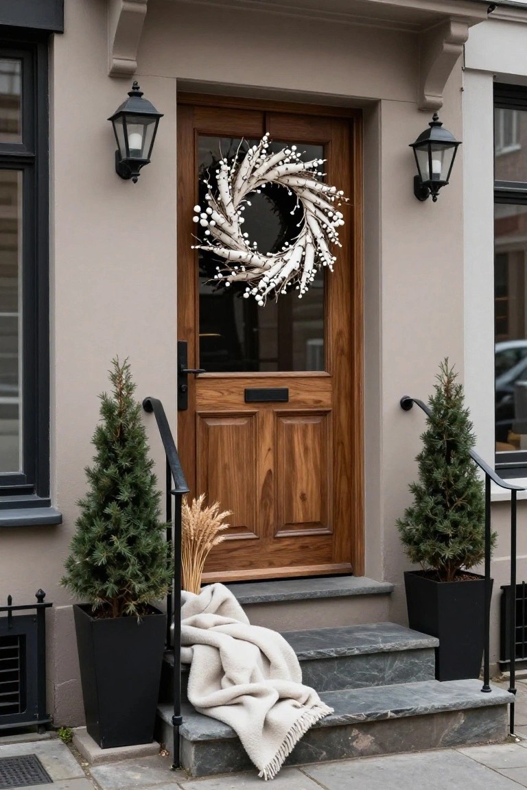 Beige house facade with wooden front door centered under a white berry wreath, flanked by black lanterns with lit candles, potted fir trees in black containers, wheat sheafs, and a white blanket folded on slate entry steps.