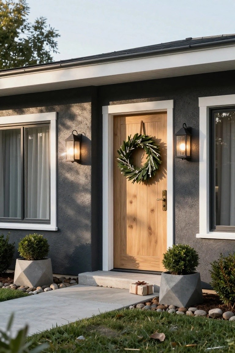 Gray stucco house exterior featuring a wooden front door with green eucalyptus wreath, flanked by lit black lanterns, white-trimmed windows with sheer curtains, boxwood plants in geometric concrete pots, a small wrapped gift box on the concrete step, and a stone path leading to the entry.