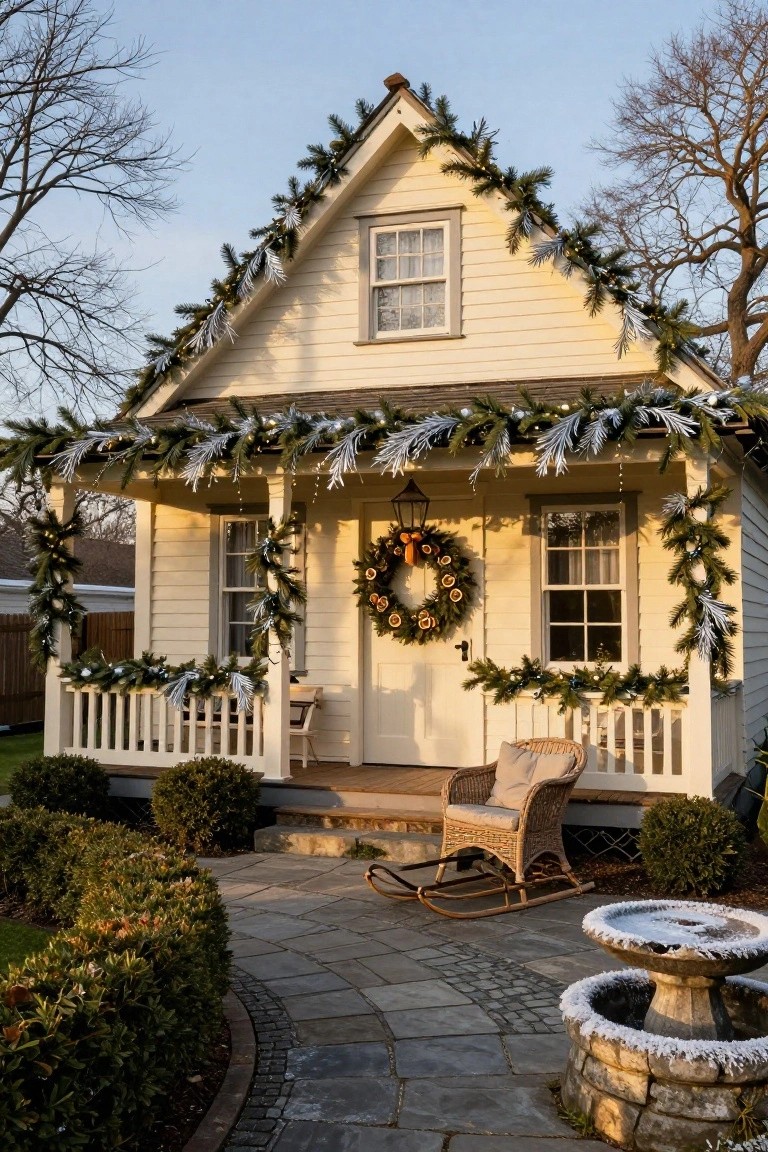 Pale yellow clapboard cottage with gabled roof and porch, decorated for Christmas with evergreen garlands and lights on roofline and railings, orange-accented wreath on door, rocking chair on porch steps, boxwood shrubs, stone path, and birdbath.