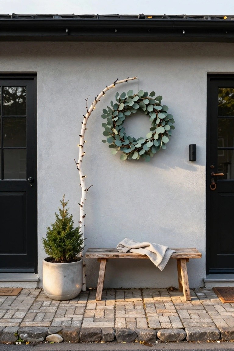 Gray stucco house exterior with black double doors, large eucalyptus wreath on wall between doors, curved white birch branch with fairy lights arching to wreath, potted small fir tree, wooden bench with linen throw on brick path.