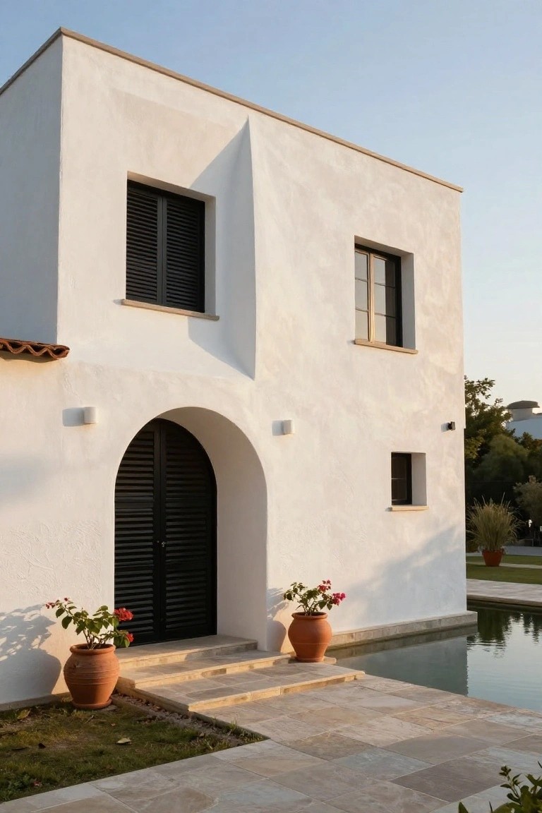 White stucco house exterior featuring a tall black louvered arched doorway, black shutters on windows, wall lights, terracotta pots with red flowers on steps beside a pool.