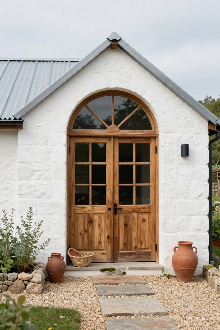 White stone house exterior featuring arched wooden double doors with glass panels under a matching fanlight window, flanked by terracotta pots on a gravel path with stone steps.