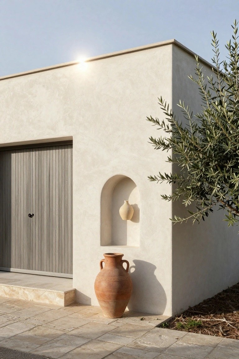 Corner of a white stucco house with vertical slat wooden garage door, arched wall niche holding a beige bulbous pot, large terracotta jar on beige stone paving, olive tree branches, and sunlight casting shadows.