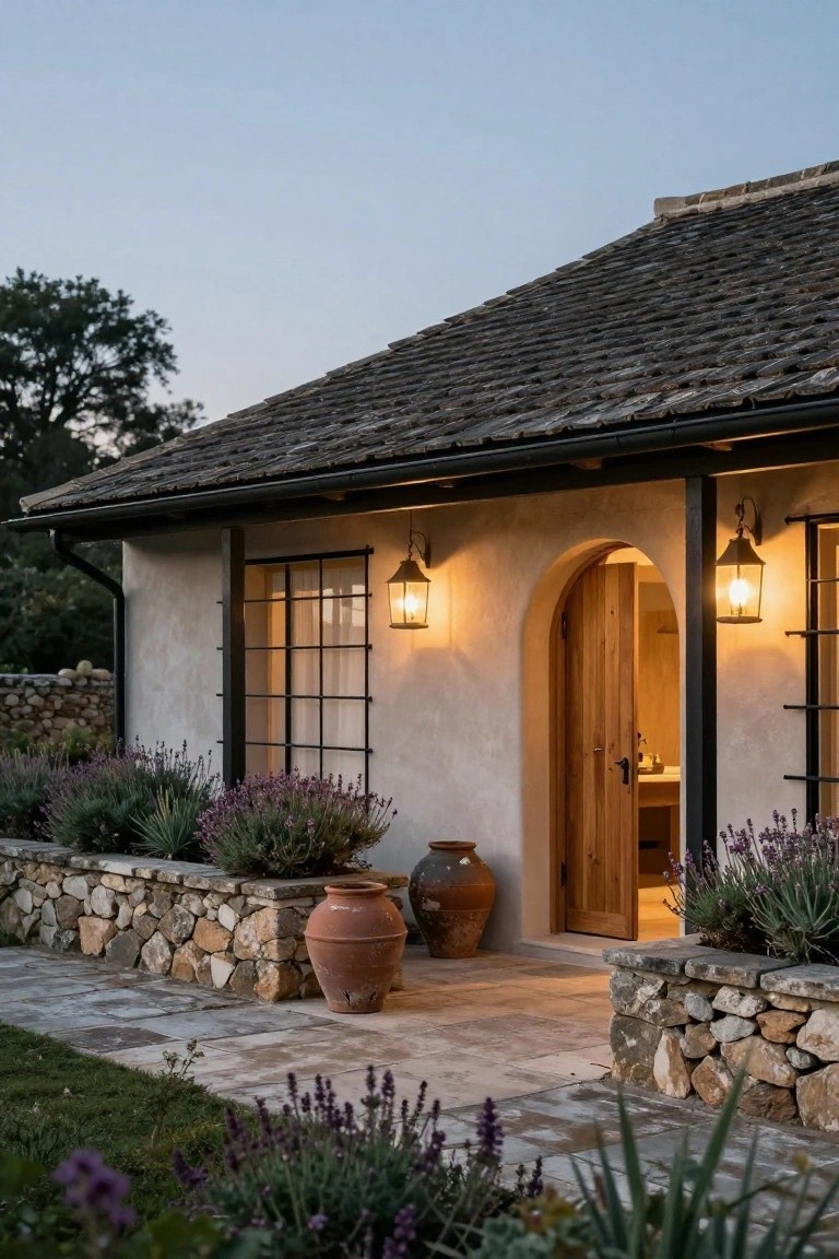 Exterior of a stucco house with an open arched wooden door, flanked by black metal lanterns and windows, stone retaining walls planted with lavender, terracotta pots, and a stone pathway at evening light.