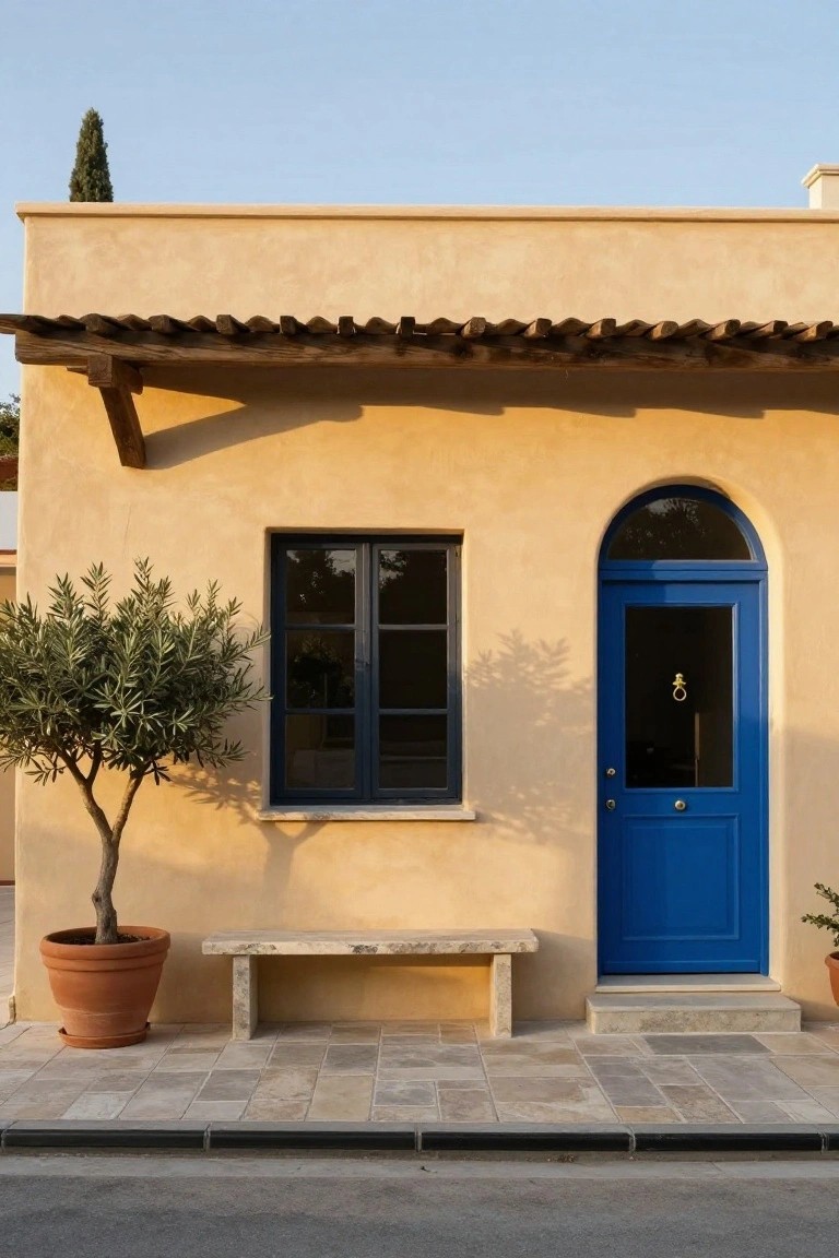 Beige stucco single-story house exterior with wooden pergola overhang, arched bright blue front door with brass knocker and handle, dark-framed rectangular window beside it, potted olive tree, stone bench, and tiled stone pathway.