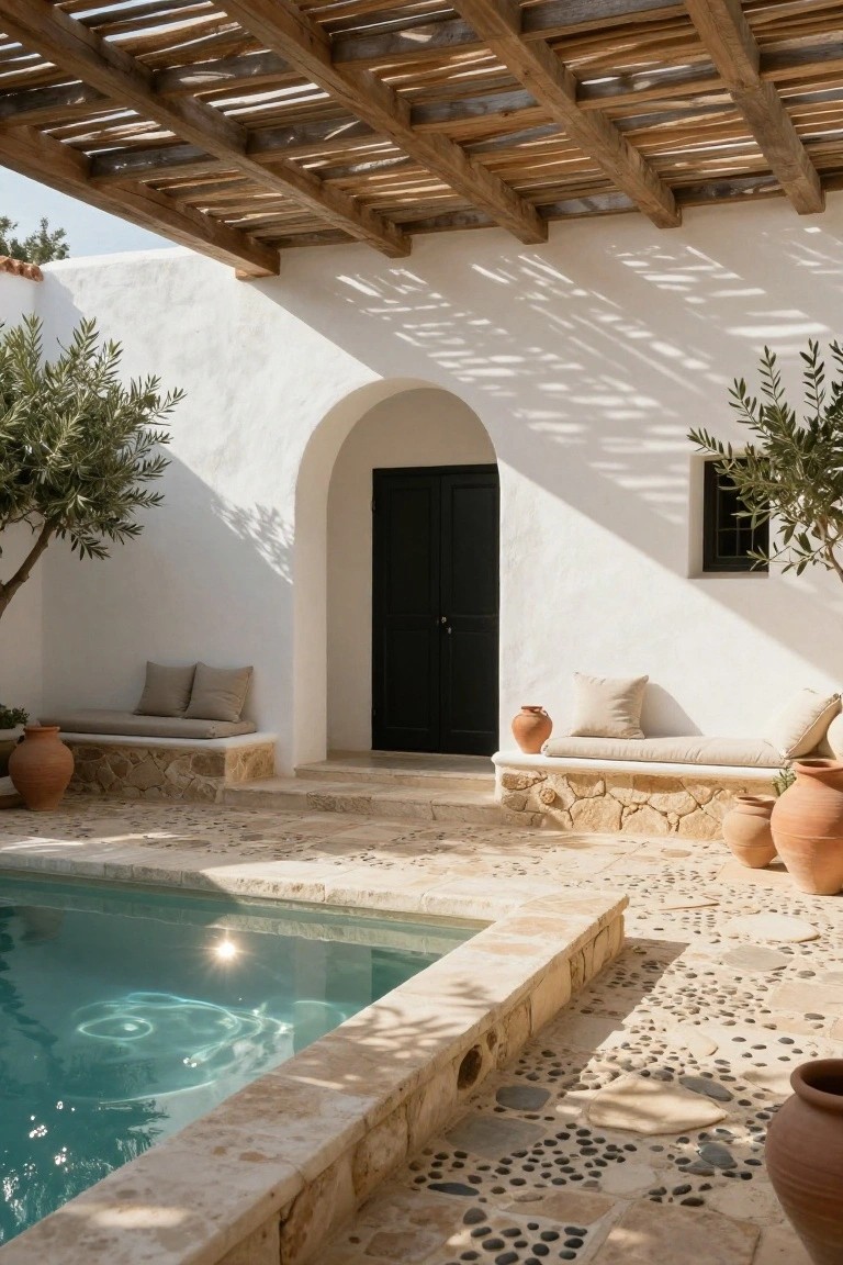White stucco wall with black arched door, flanked by built-in stone benches with beige cushions and terracotta pots, pebble and stone patio surrounding a small rectangular turquoise pool, olive trees nearby.