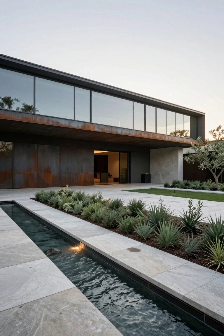 Modern house exterior featuring a cantilevered rusted metal roof over large glass walls, concrete entry with dark door, and front courtyard with linear water channel edged by agave plants and lawn.