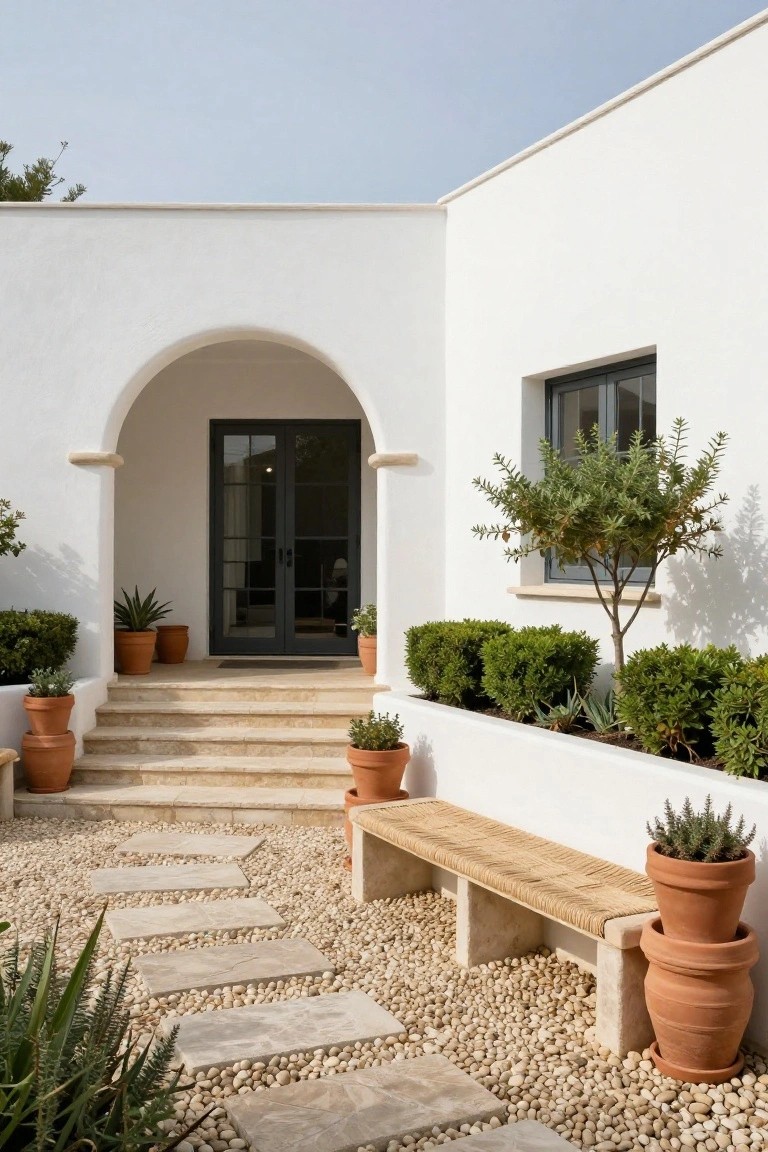 White stucco house exterior featuring an arched entry with black framed double doors, stone steps, terracotta pots with plants, gravel path, bench, and surrounding shrubs.