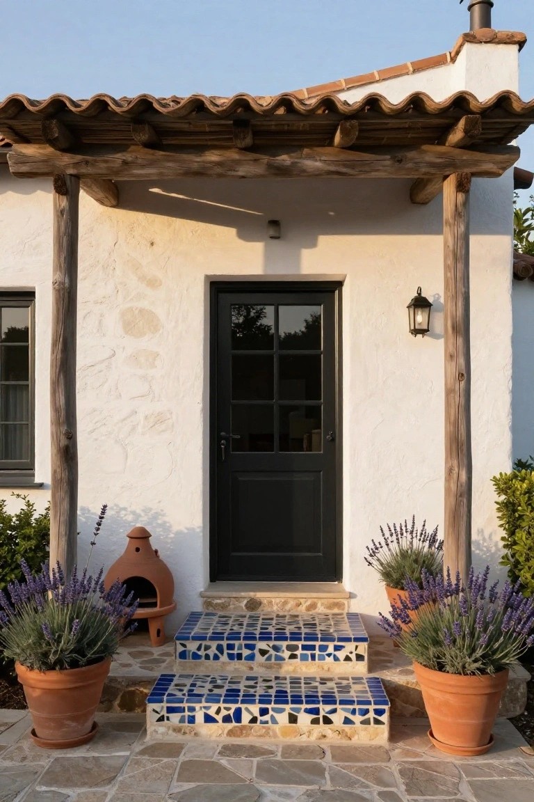 White stucco house facade with wooden porch posts and pergola, black nine-pane door, blue and white mosaic tiled steps leading to the entry, terracotta fire bowl, and potted lavender plants on a stone paver patio.