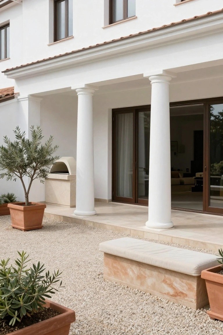 White stucco house with tall white columns supporting a covered porch, brown sliding glass doors, beige outdoor oven, potted olive trees, stone bench, and gravel patio surrounded by low plants.