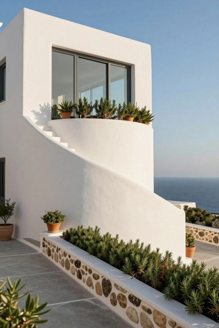 White stucco house exterior with curved walls, spiral white staircase, large glass windows, potted plants on ledges and in stone-edged beds, overlooking the sea.