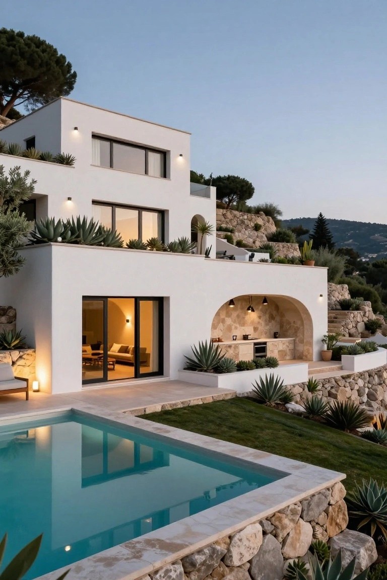 Modern white rectangular house on a rocky hillside with tiered stone walls, infinity-edge pool, arched outdoor kitchen niche, agave plants, and pine trees at dusk.