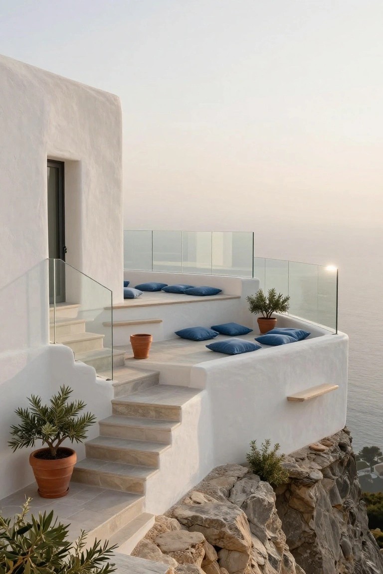 White stucco house with curved walls, stone steps leading to multi-level outdoor platforms with blue cushions and glass railings, perched on a rocky cliff overlooking the sea.