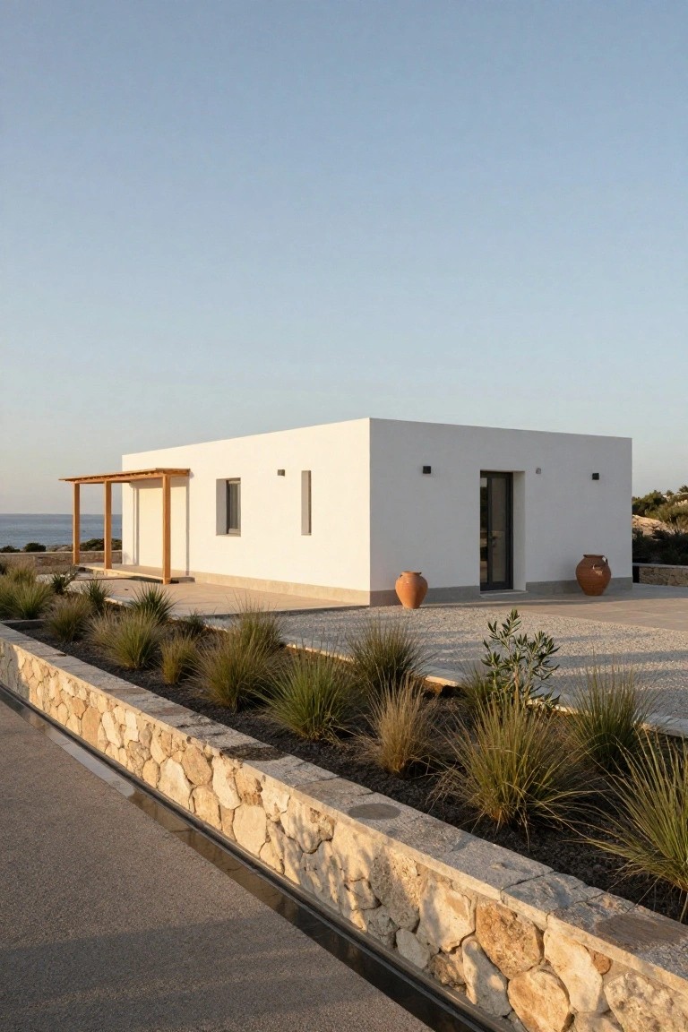 White cubic house with wooden pergola porch at entry, terracotta pots on paved terrace, stone retaining wall with grasses, and sea view in background.
