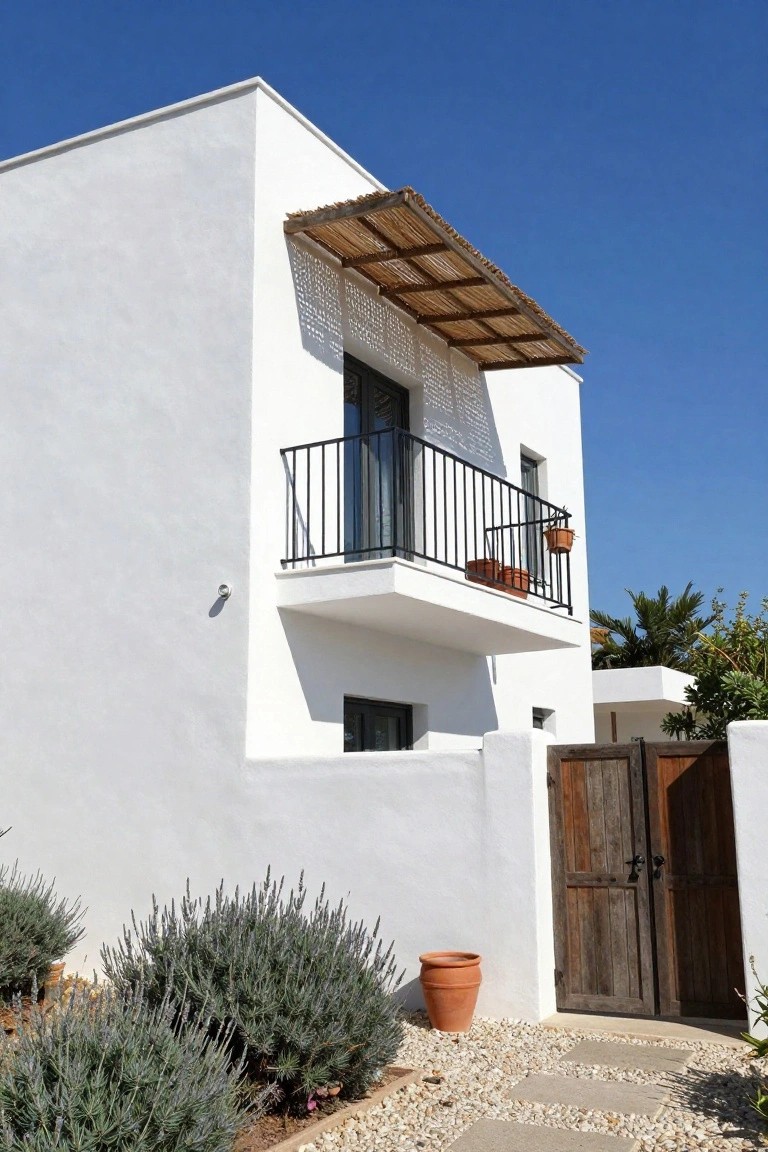 White stucco house exterior featuring a rustic wooden double gate entry, upper balcony with black railing and reed awning, potted plants, lavender shrubs, terracotta pots, and gravel path with stone pavers.