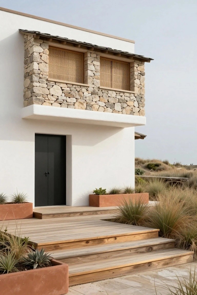 White stucco house exterior with stacked stone around upper windows covered by bamboo screens, black double doors at entry, wooden steps and deck, terracotta planters with grasses and agave, set in sandy dune landscape.