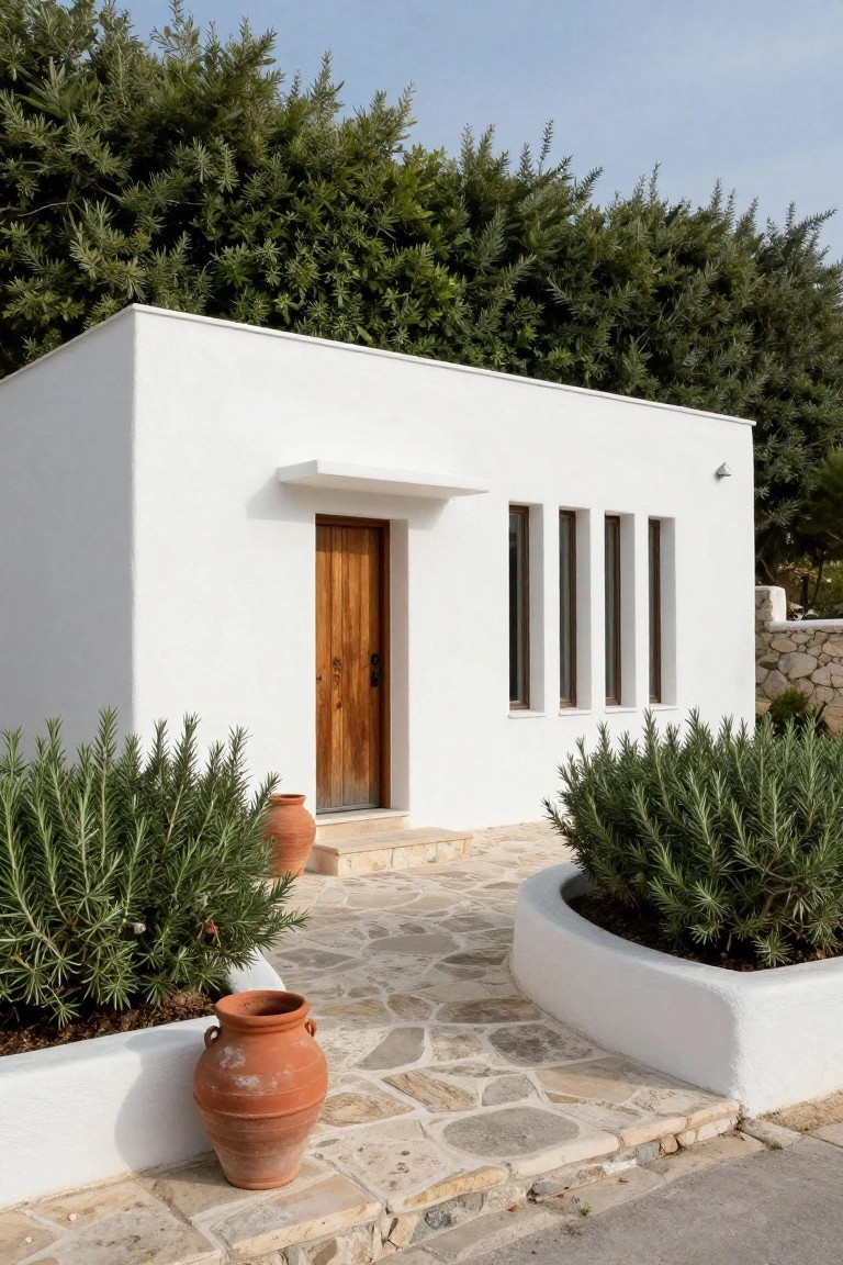 White cubic house exterior with wooden front door under a small overhang, three narrow windows to the side, curved white planters with rosemary bushes, terracotta pots, and pebble stone path leading to the entry.