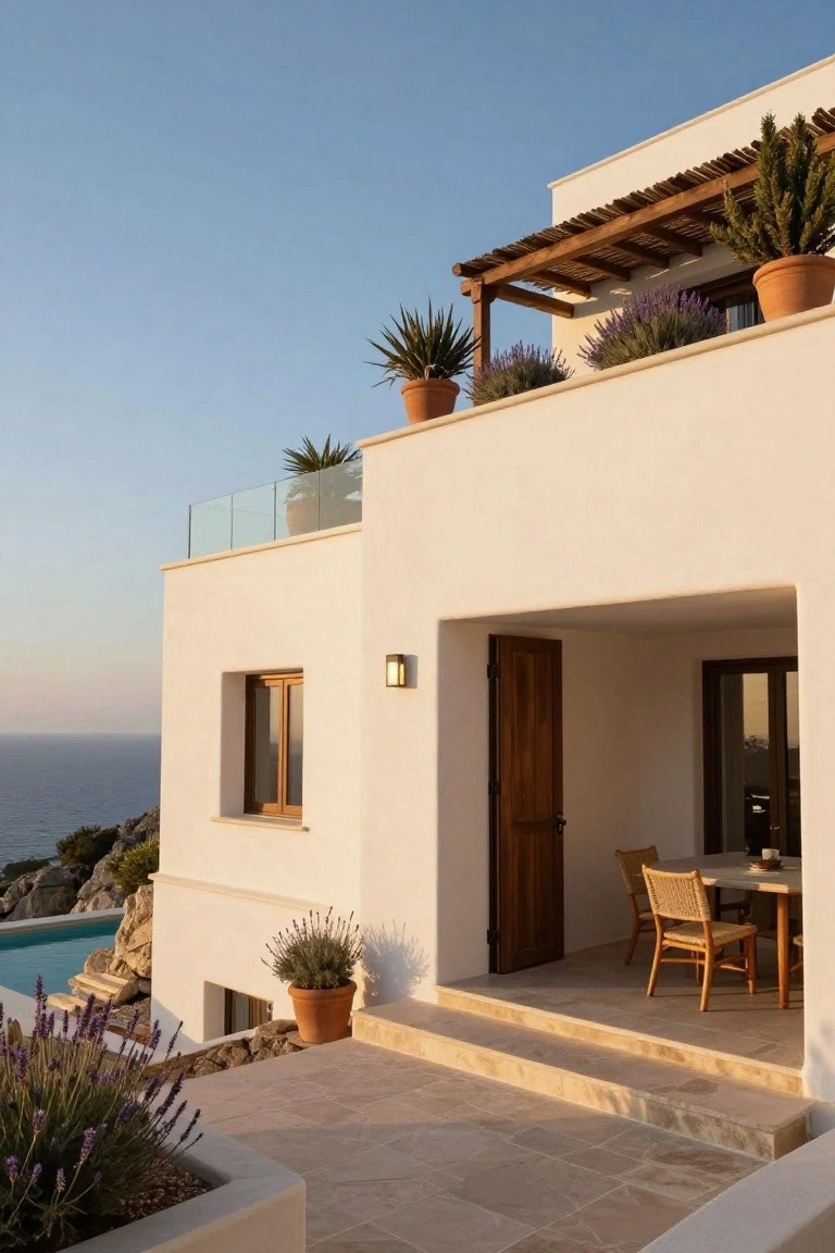 White stucco house exterior on a rocky cliffside overlooking the sea, featuring a wooden pergola-shaded balcony with potted plants and agaves, glass railing, open wooden entry door to a terrace with wicker chairs and table, infinity pool at base, and lavender plantings.
