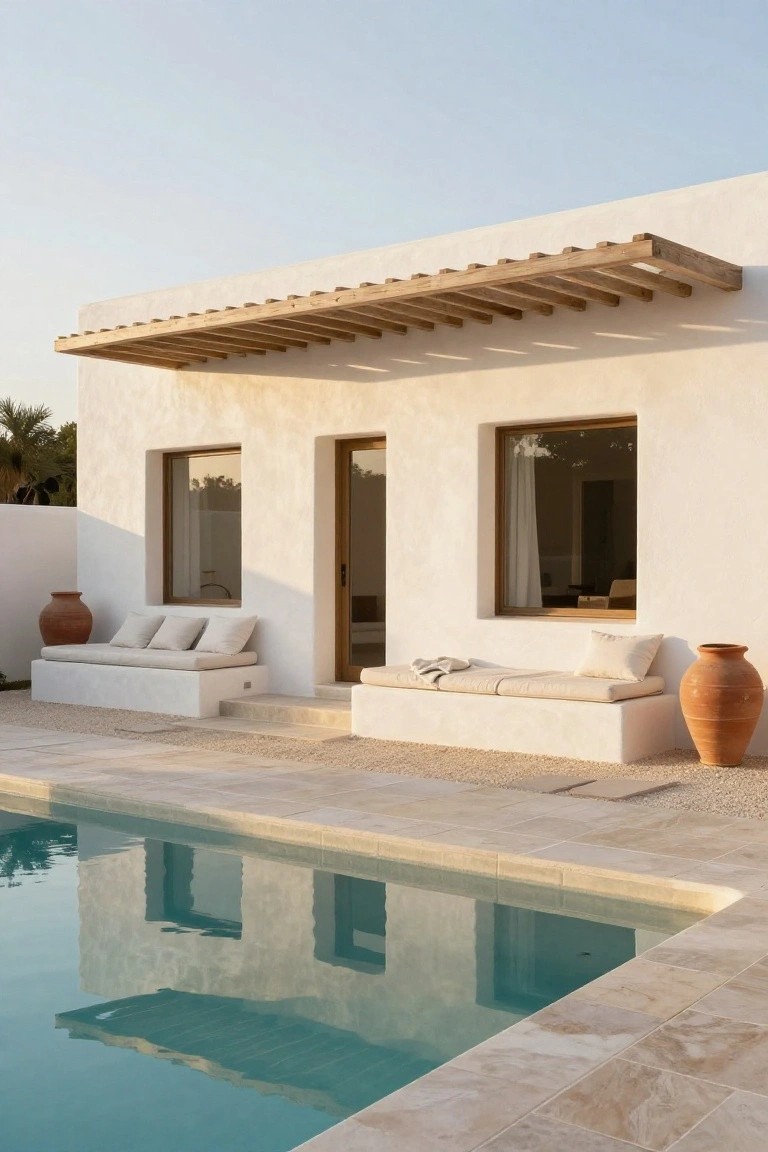 White stucco house exterior with overhanging wooden pergola, large windows, glass door, built-in bench with cushions and throw, two terracotta pots, pebble ground, and adjacent turquoise pool.