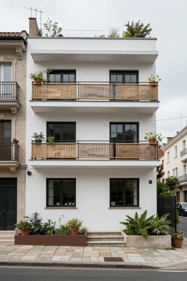A three-story white house with black-framed windows and doors, balconies wrapped in woven bamboo screens with potted plants, front planters with greenery, steps to a green entry door, on a paved street next to stone buildings.