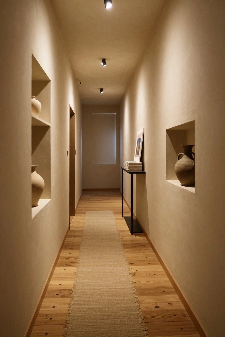 Long hallway with beige textured plaster walls featuring recessed niches holding ceramic vases, wooden plank flooring with a beige runner rug, black metal console table with stacked books beside a door, recessed ceiling lights, and a framed print on the wall.