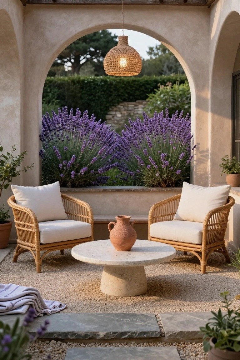 Outdoor seating area under a beige stucco archway featuring two white-cushioned rattan chairs around a white stone pedestal table, a woven pendant light hanging above, lavender bushes visible through the arch, and potted plants nearby on a gravel patio.