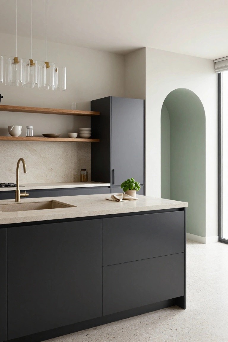 Modern kitchen with matte black lower cabinets and island, light beige veined stone countertop and backsplash, oak open shelving with dishes, curved pale green archway, gold faucet and pendant lights.