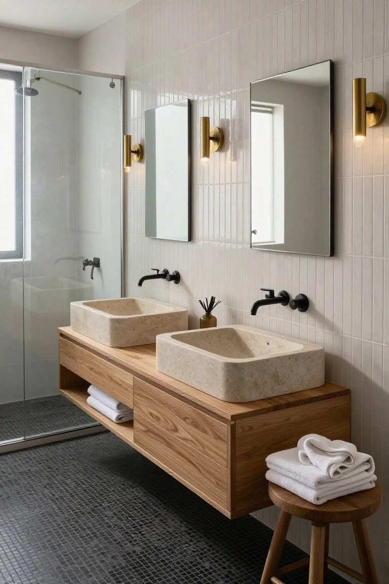 Modern bathroom with floating oak double vanity supporting two beige stone vessel sinks, black wall-mounted faucets, light vertical tile walls, glass shower enclosure, two wall mirrors with gold sconces, and black mosaic floor tiles.