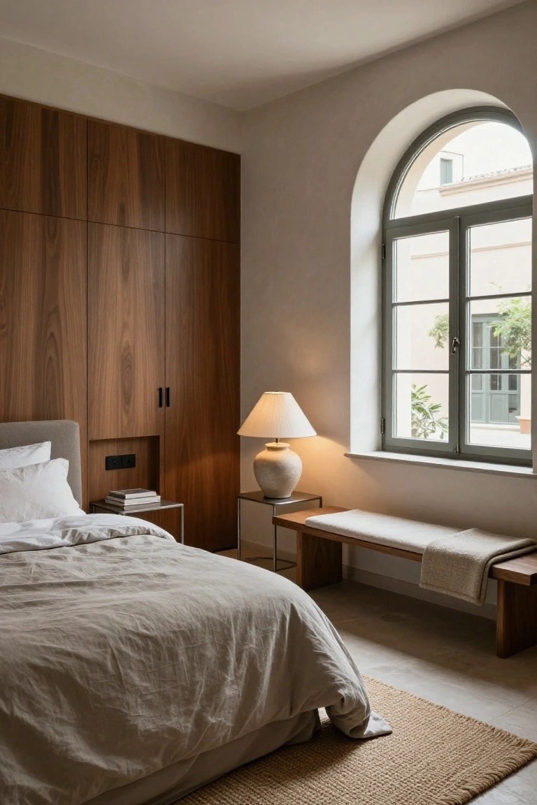 Bedroom with tall walnut wood wardrobe panels beside a low bed, white lamp on side table, wooden bench with throw blanket, seagrass rug, and arched window.