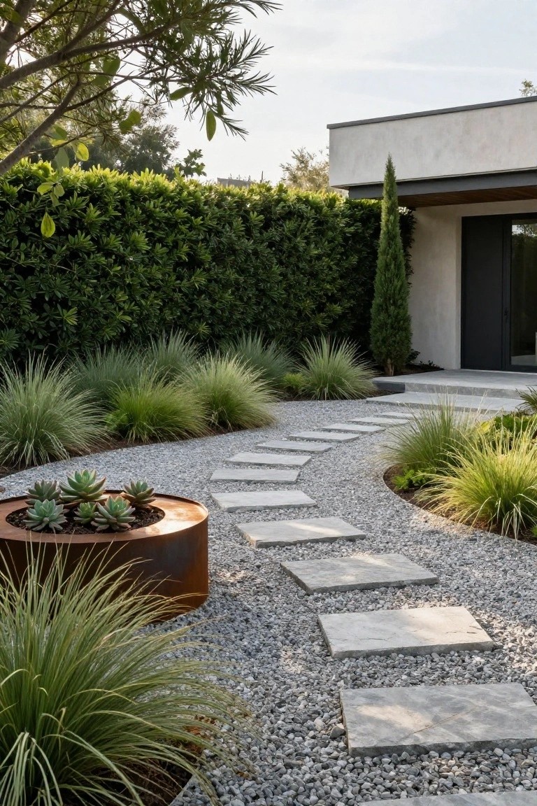 Winding path of square gray stone pavers set into gray gravel leading to a modern stucco house entrance, edged by ornamental grasses, a round rusted metal planter with succulents, tall cypress tree, and dense green hedge in the background.