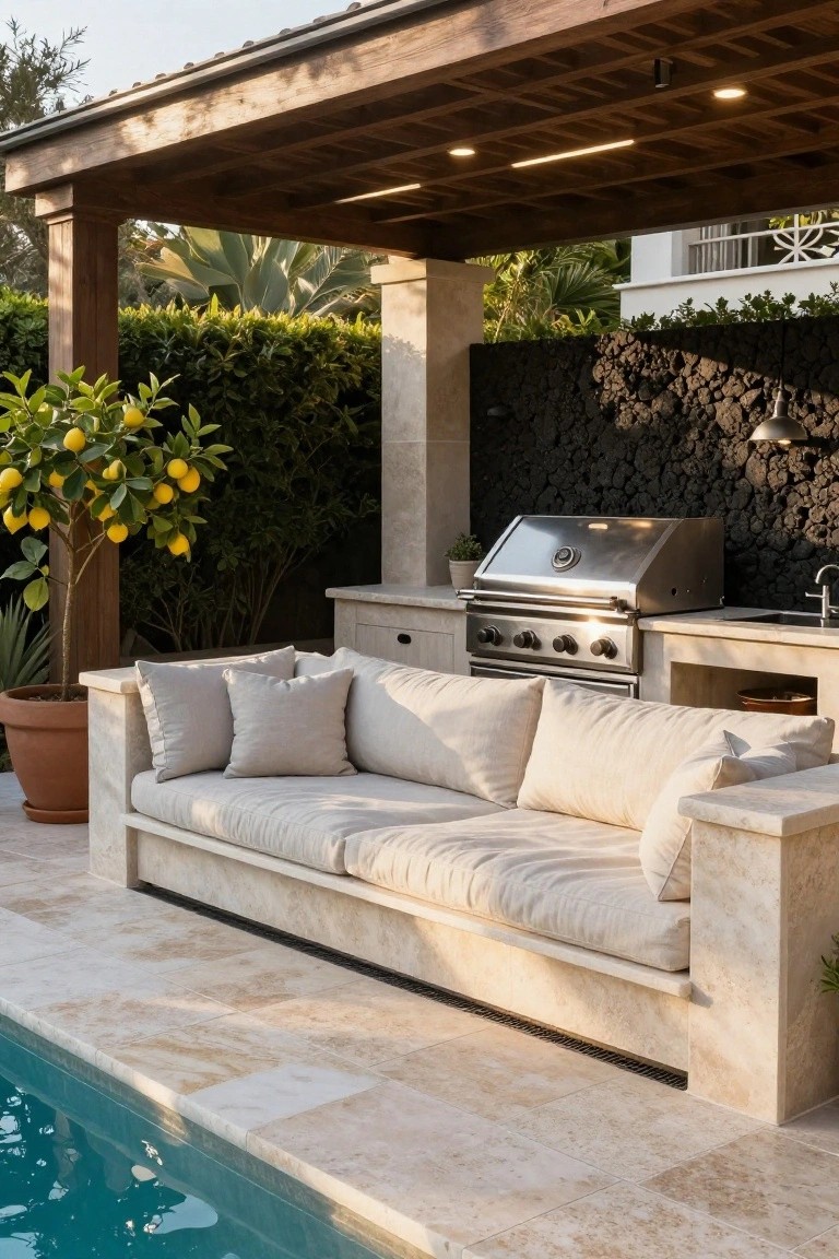 Covered outdoor patio with built-in stainless steel grill and sink on beige stone counters, adjacent low-profile beige cushioned sofa on stone base, potted lemon tree, black lava rock wall, travertine tile floor, and turquoise pool edge.