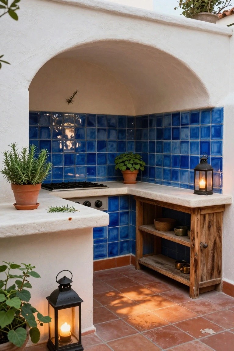 Arched white stucco alcove on a terracotta patio housing an outdoor kitchen with blue tiled backsplash, gas stovetop, wooden open shelving, potted rosemary and other herbs, and black metal lanterns.