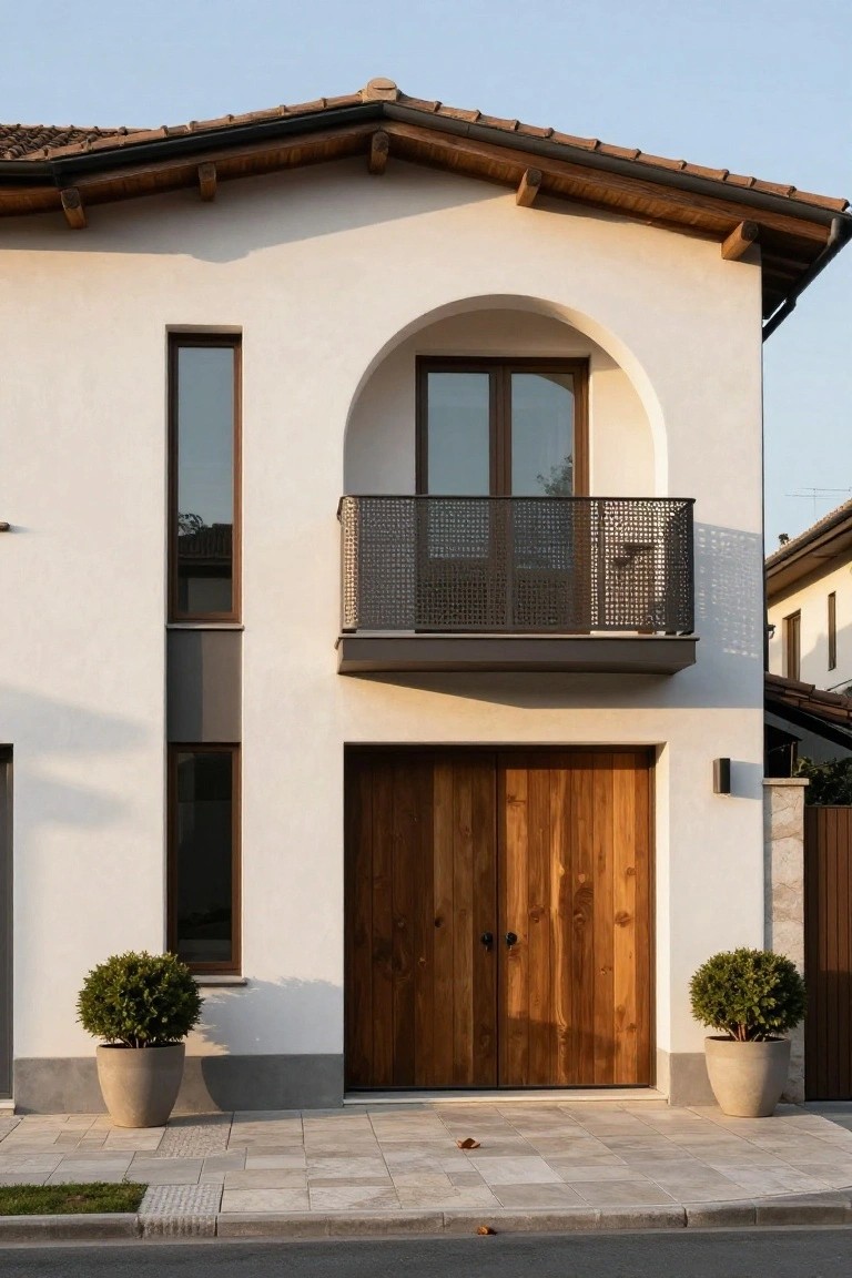 White stucco two-story house facade with terracotta tile roof, exposed wood beams, slim vertical window, upper arched window with balcony and black metal railing, large double wooden garage doors, and matching potted shrubs on stone paver walkway.