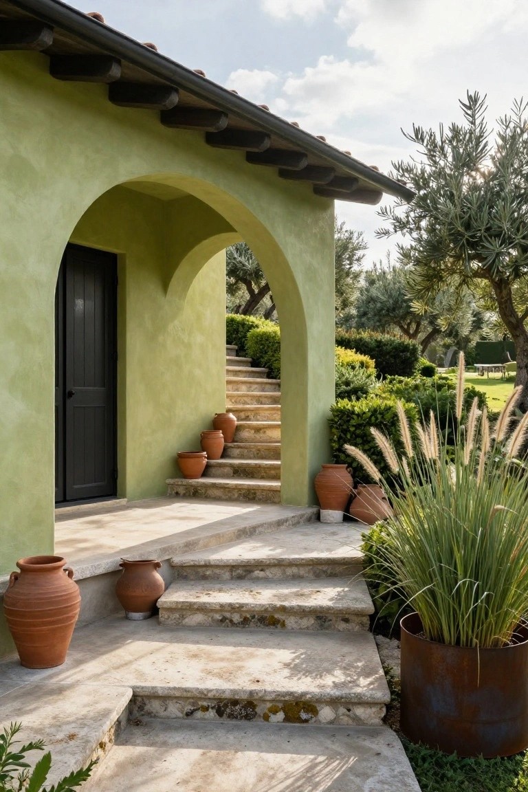 Sage green stucco house exterior featuring a black wooden arched doorway, flanked by terracotta pots on stone steps, with olive trees, pampas grass, and garden landscaping in the background.
