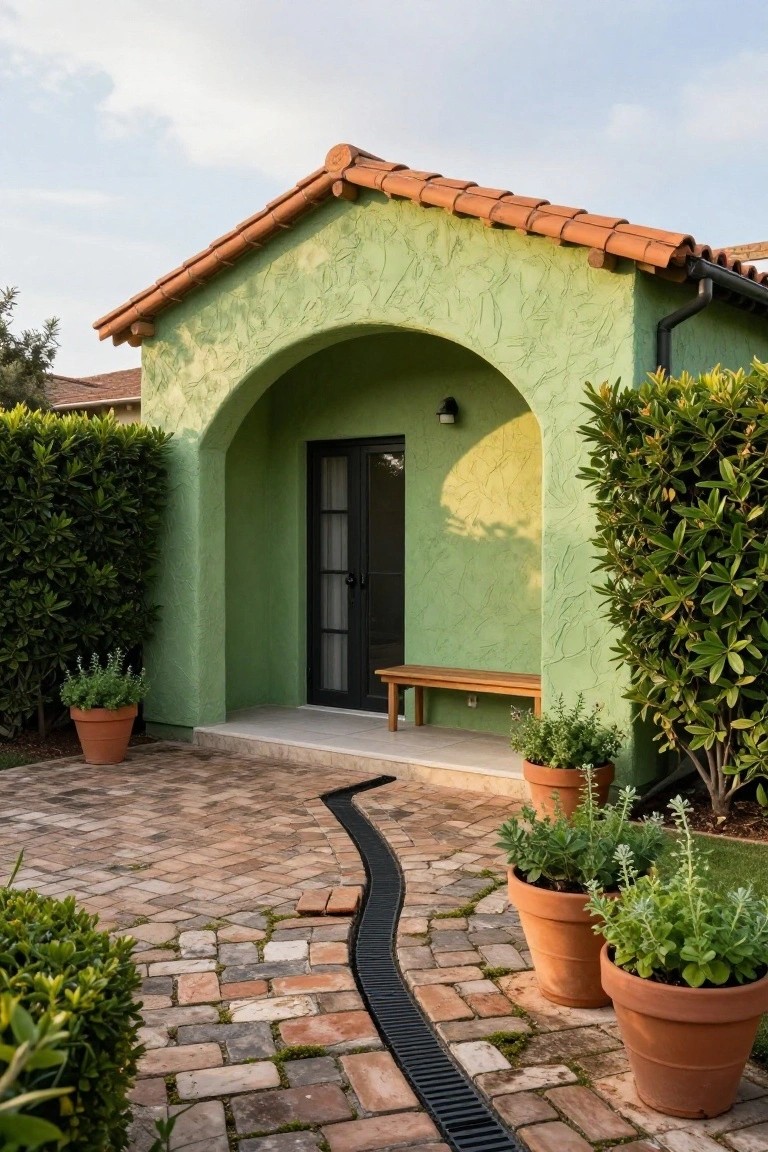 Sage green stucco house exterior with terracotta tile roof, arched entry featuring black French doors and wooden bench, flanked by tall boxwood hedges, terracotta pots with herbs, and curved brick paver pathway.