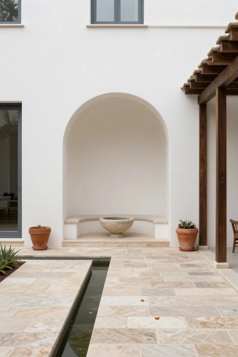 White stucco house exterior wall with a recessed arch containing a built-in curved bench and central stone basin, terracotta pots with plants on either side, a narrow water channel in the light travertine tiled patio floor, wooden pergola structure, and a chair nearby.