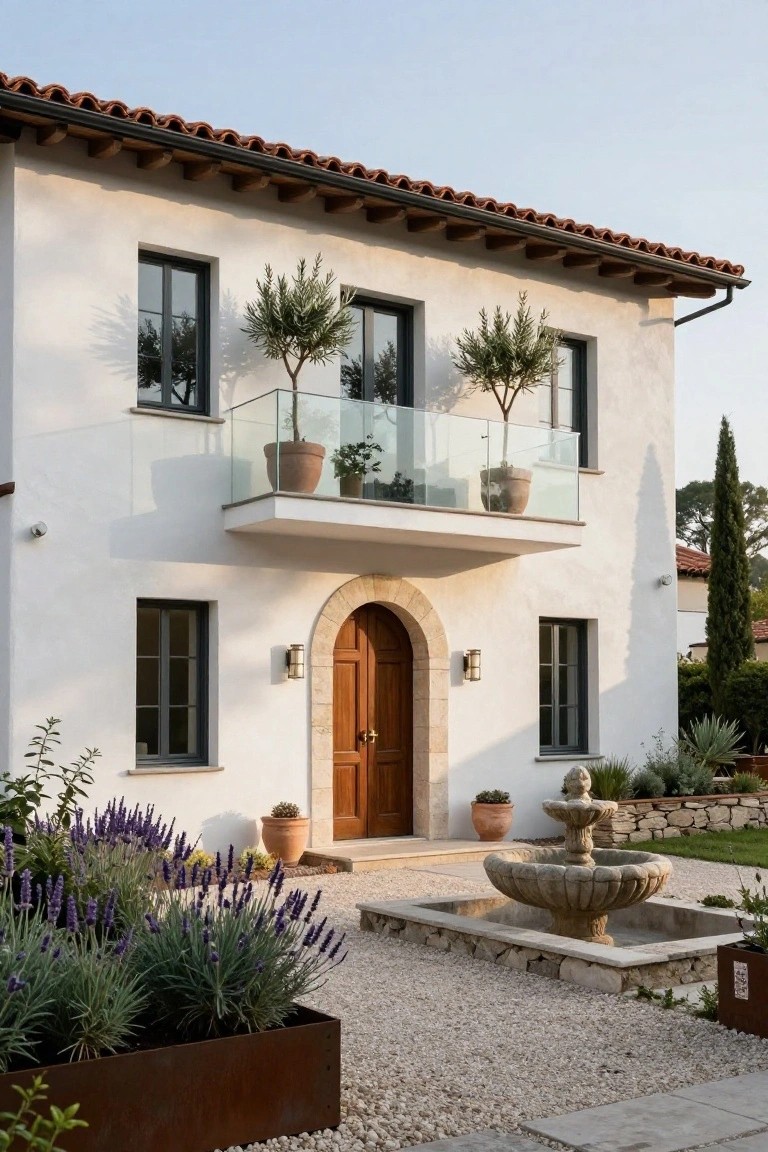 White stucco two-story house with terracotta tile roof, arched wooden front door in stone archway, glass balcony with potted olive trees above, stone fountain in gravel courtyard, lavender plantings, and cypress trees nearby.