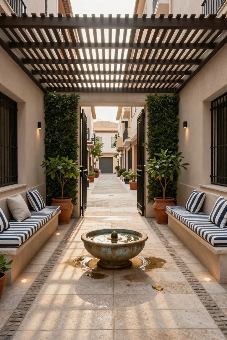 Narrow sunlit courtyard passageway with wooden slat pergola overhead, beige stucco walls, built-in benches with blue-and-white striped cushions on both sides, terracotta pots with plants, central turquoise stone fountain on tiled path, and open black metal gate leading to street.