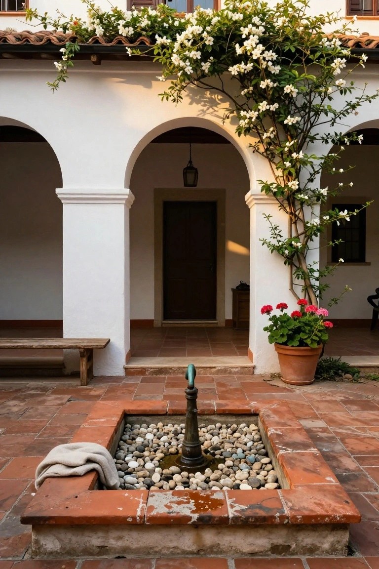 White stucco arches and columns frame a dark wooden door on a terracotta-tiled patio with a central bronze fountain in a brick-lined basin filled with pebbles, climbing white flowering vines on the walls, potted red geraniums, a wooden bench, and a folded towel on the fountain edge.